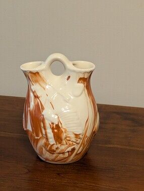G Green. Handcrafted White and Brown Ceramic Double-Spout Wedding Vase Pitcher.